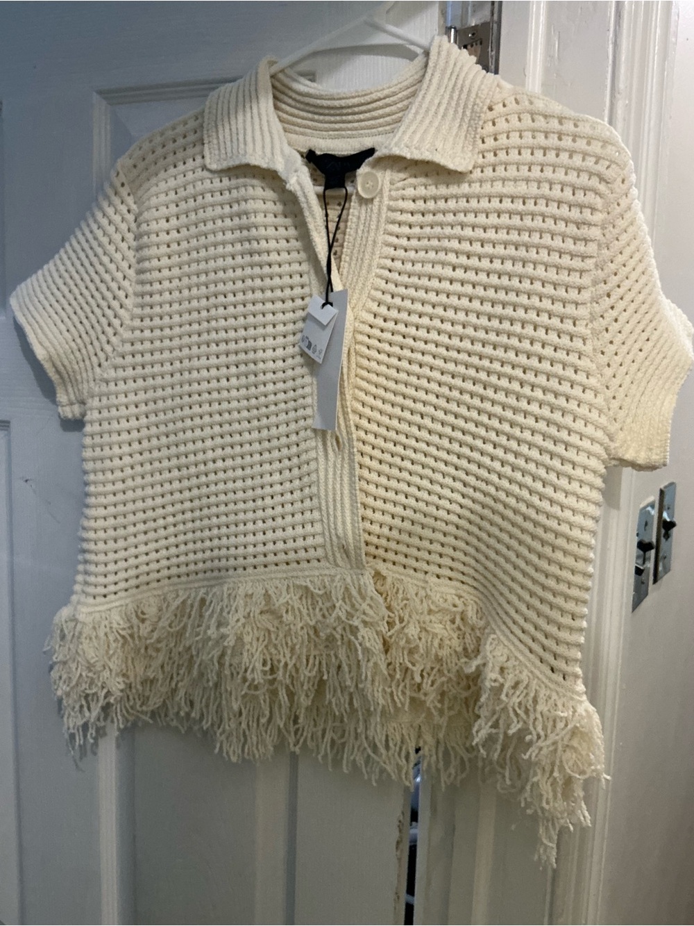 Zara Cream Short-Sleeve Knit Cardigan with Fringe - Picture 4 of 4